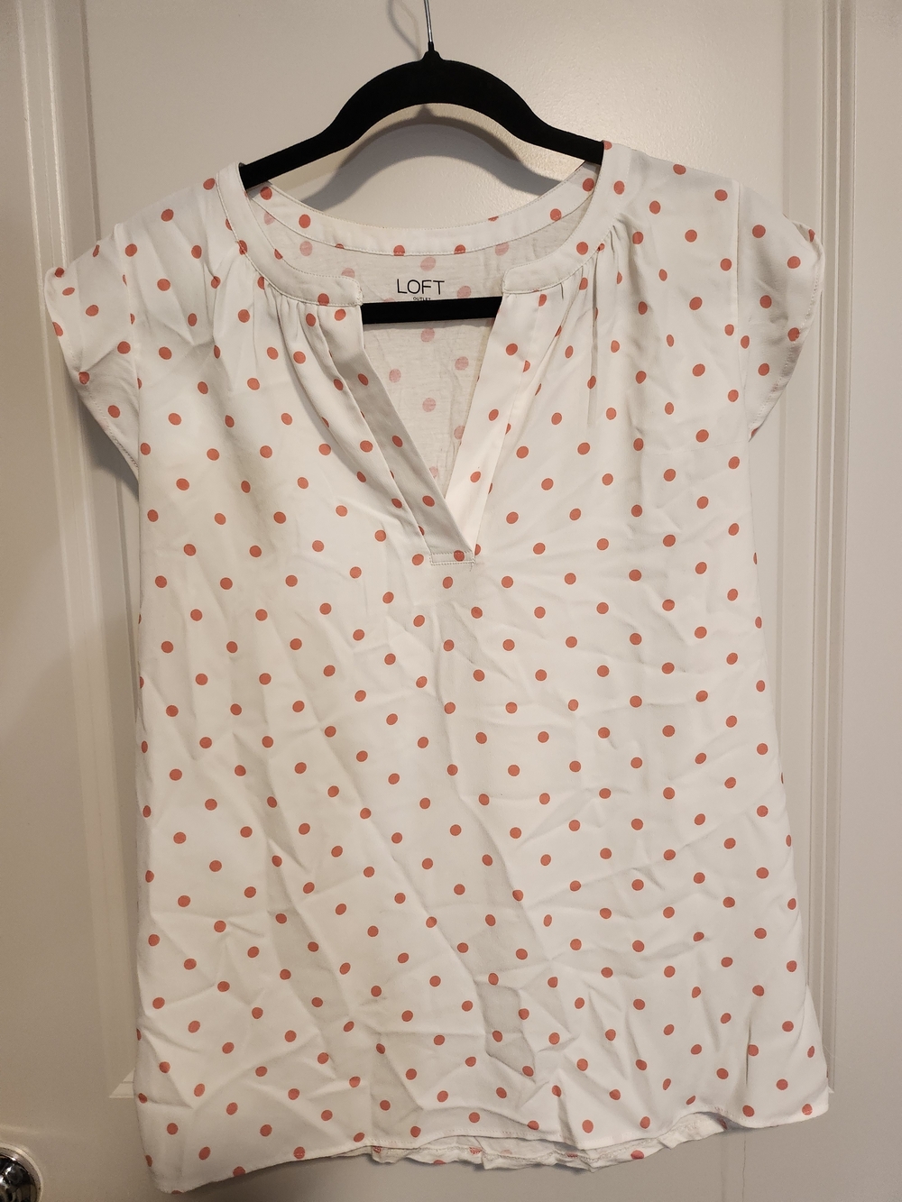 LOFT White Polka Dot Flutter Sleeve Blouse in Coral